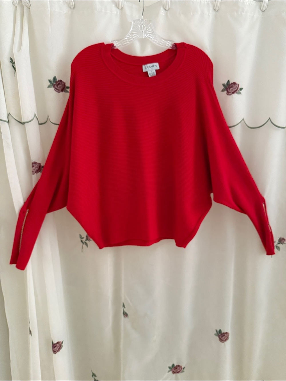 Carmen Marc Valvo Vibrant Soft Red Ribbed Crewneck Sweater, Zippered Sleeves